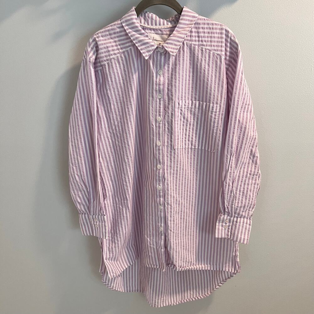 Anthropologie Lavender and White Striped Button-Down Shirt Size M